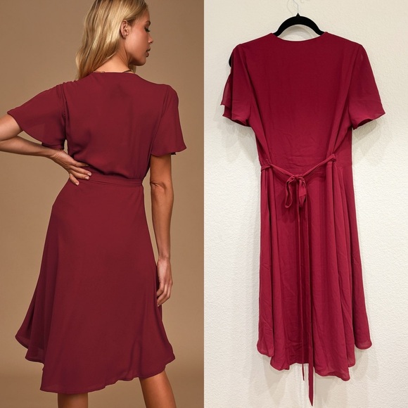 NWOT Lulus Rise to the Occasion Burgundy Midi Wrap Dress - Picture 3 of 9